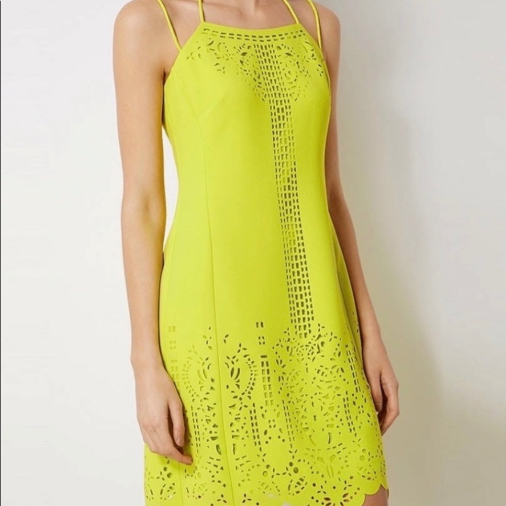 Karen Millen laser cut mini dress in lime (Sz 6)